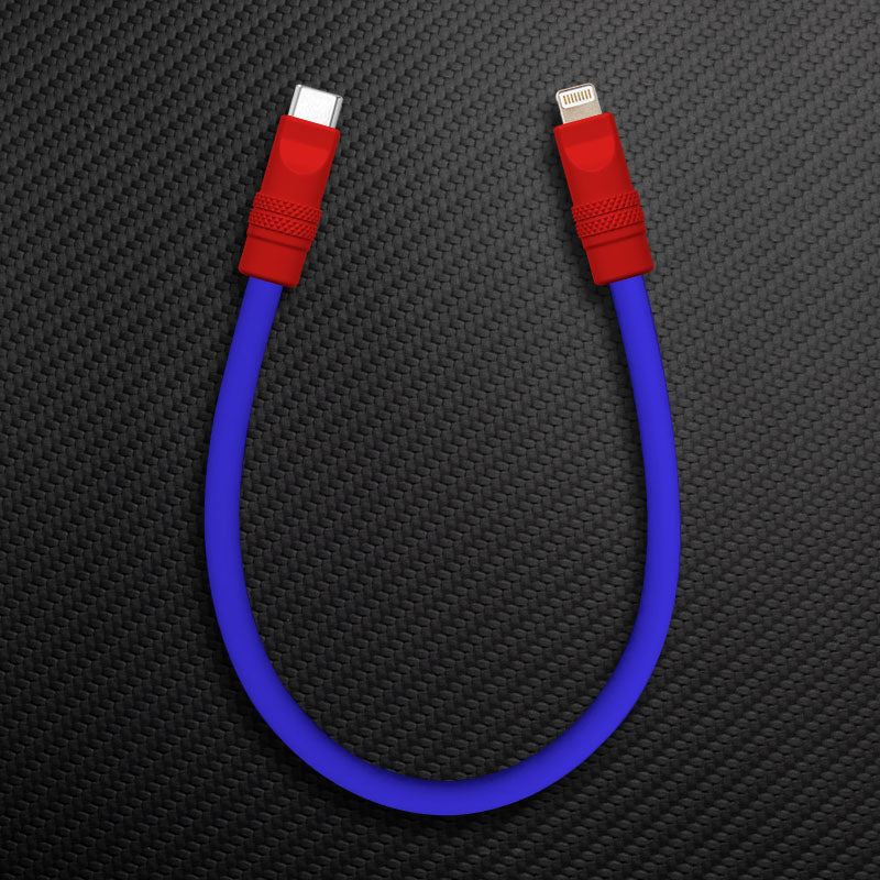 Blue short USB-C to Lightning cable with red connectors