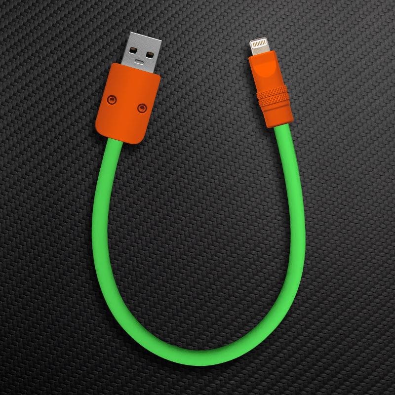 Green and orange USB-A to Lightning short iPhone cable.