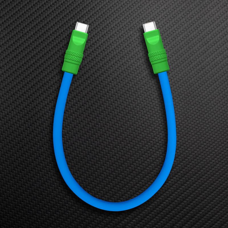 Short blue USB to Lightning cable with green connectors