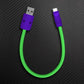 Short purple and neon green USB-A to USB-C cable