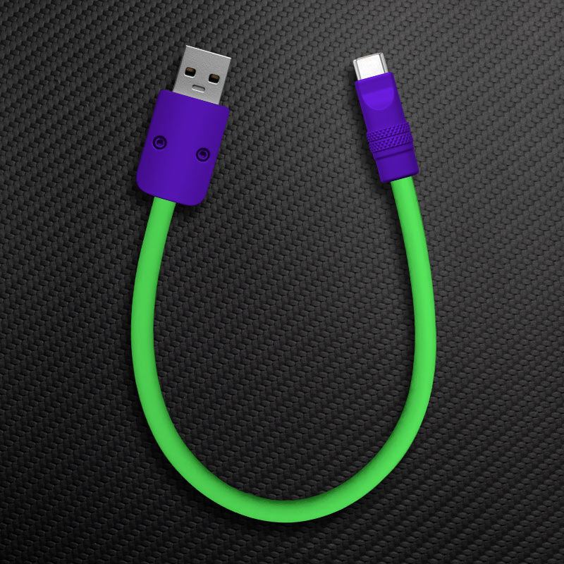 Short purple and neon green USB-A to USB-C cable