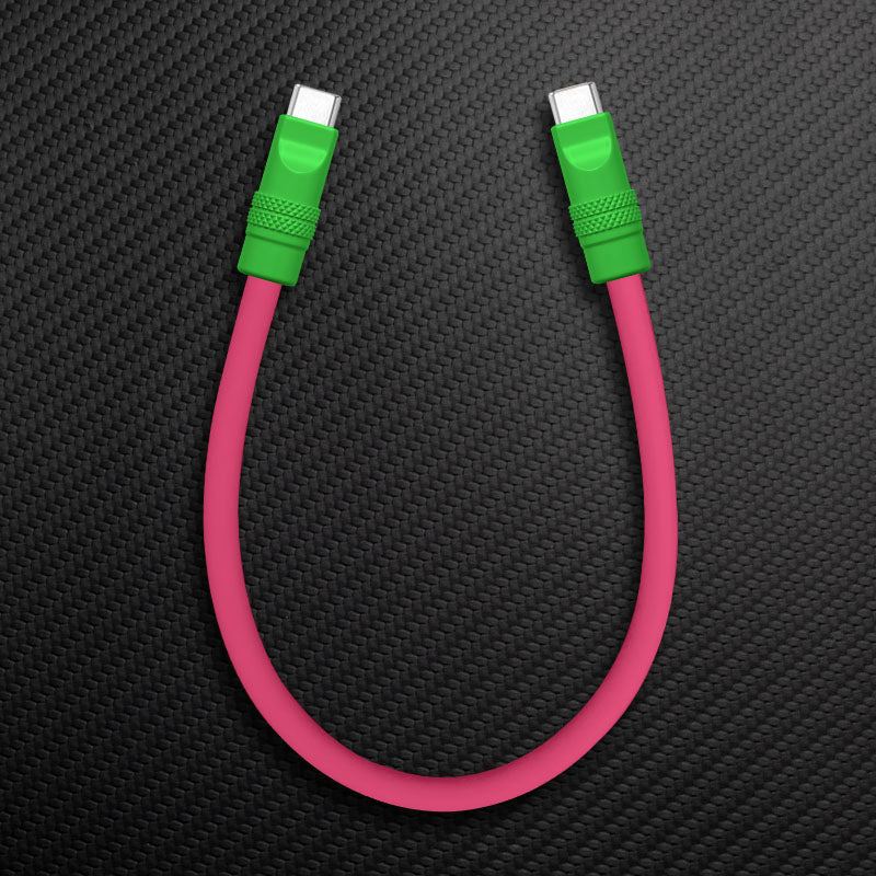 Pink and green USB-C to USB-C fast charging cable
