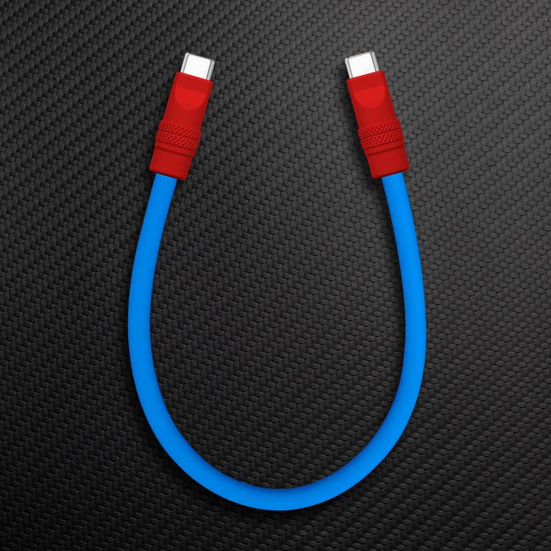 Short blue dual USB-C cable with red connectors