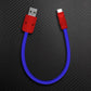 Blue short USB-A to USB-C cable with red connectors