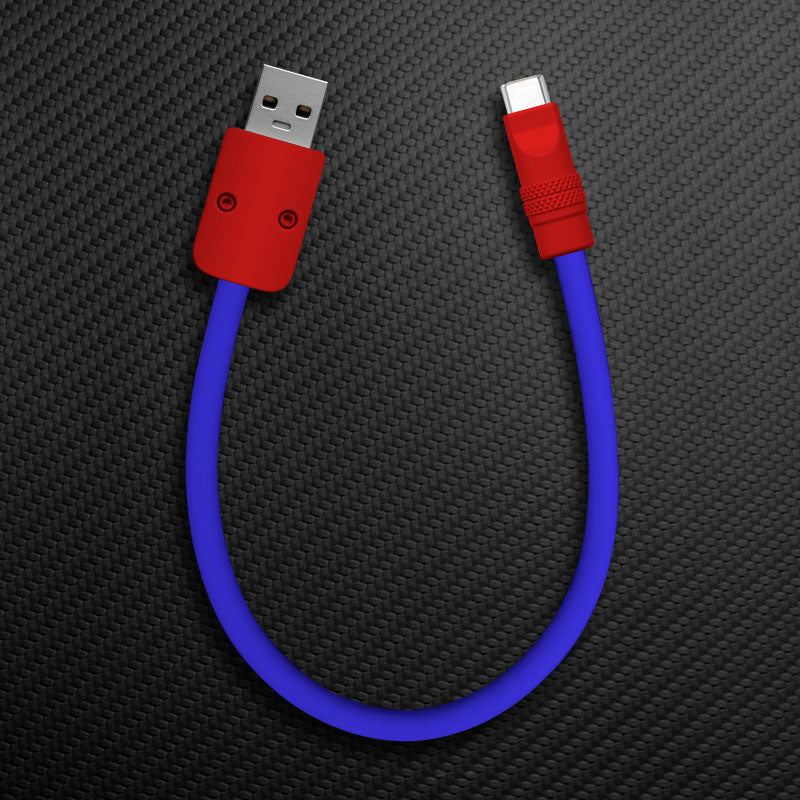 Blue short USB-A to USB-C cable with red connectors