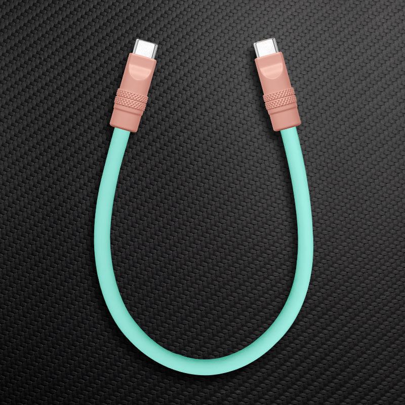 Short pink and mint green USB-C to USB-C cable