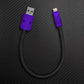 Short black USB to Lightning cable with purple connectors