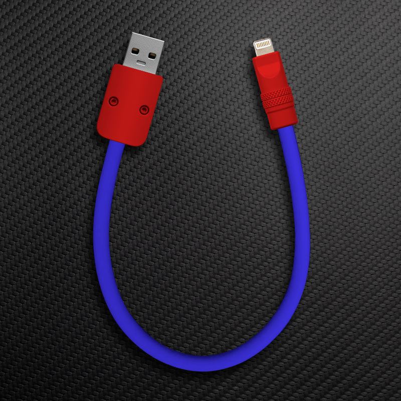 Blue short USB-A to Lightning cable with red connectors