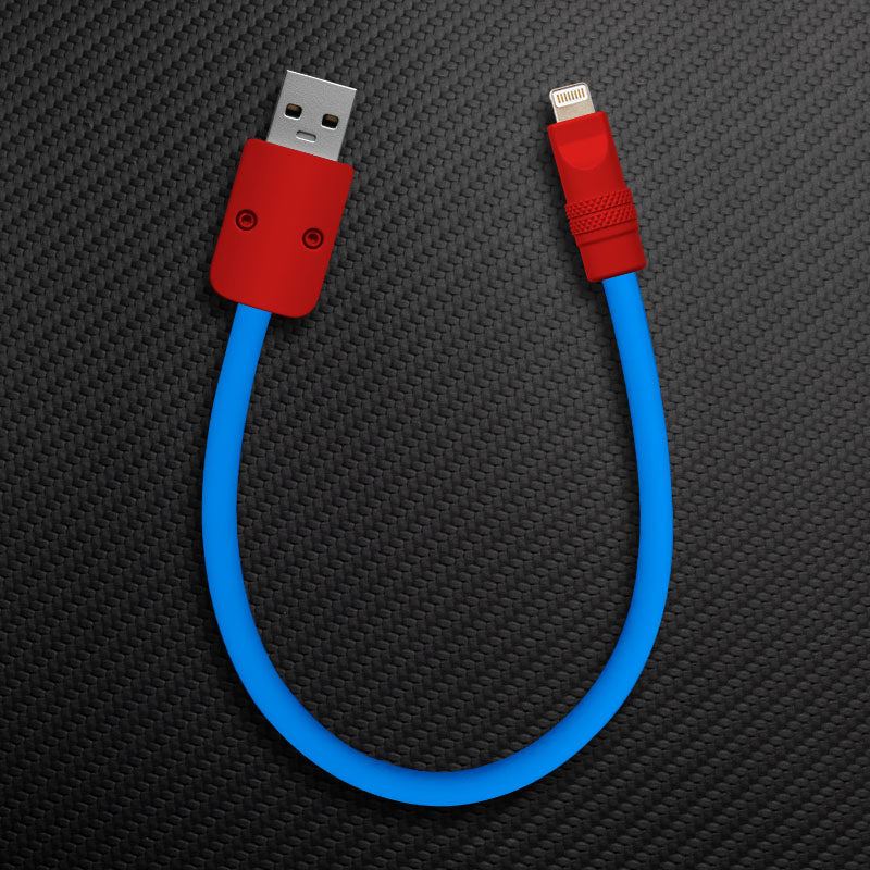 Short blue USB to Lightning cable with red connectors