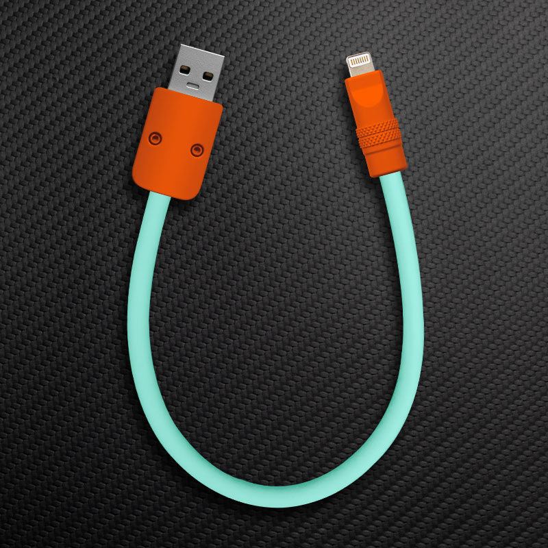 Short orange and mint green USB-A to Lightning cable