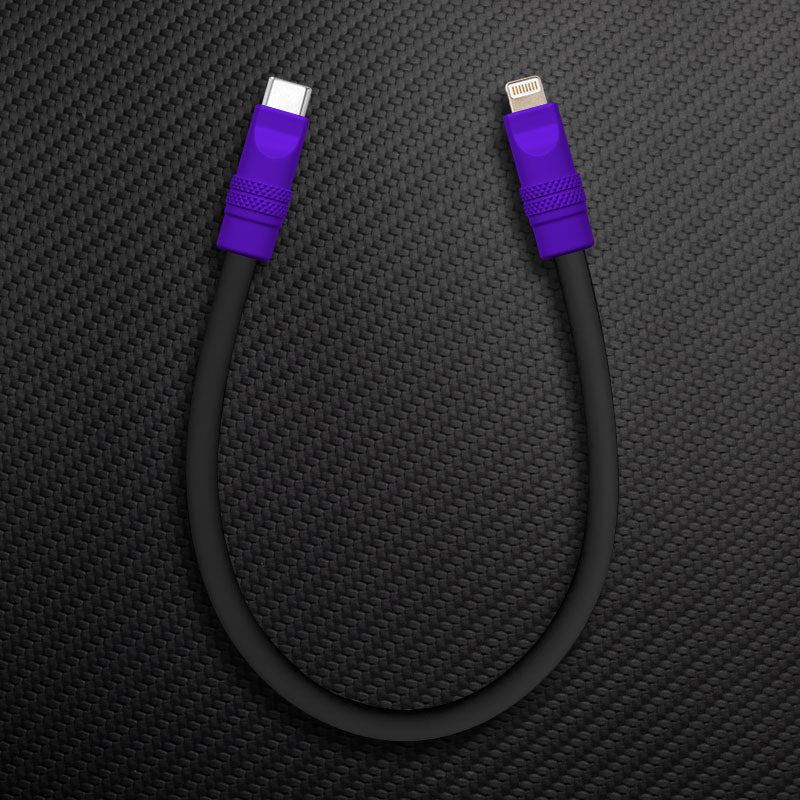 Short black USB-C to Lightning cable with purple connectors