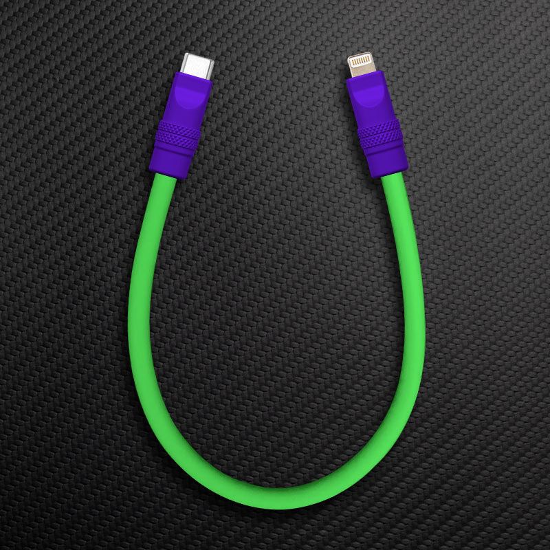 Short purple and neon green USB-C to Lightning cable