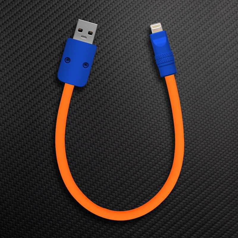 Orange silicone USB-A to Lightning cable with blue connectors