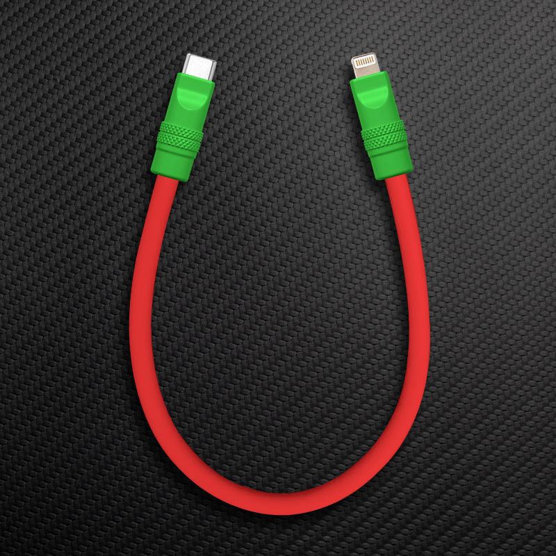 Red and green USB-C to Lightning cable