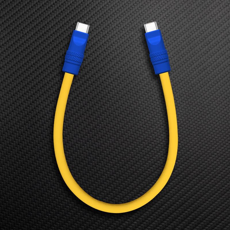 Yellow USB-C to USB-C cable with blue connectors.