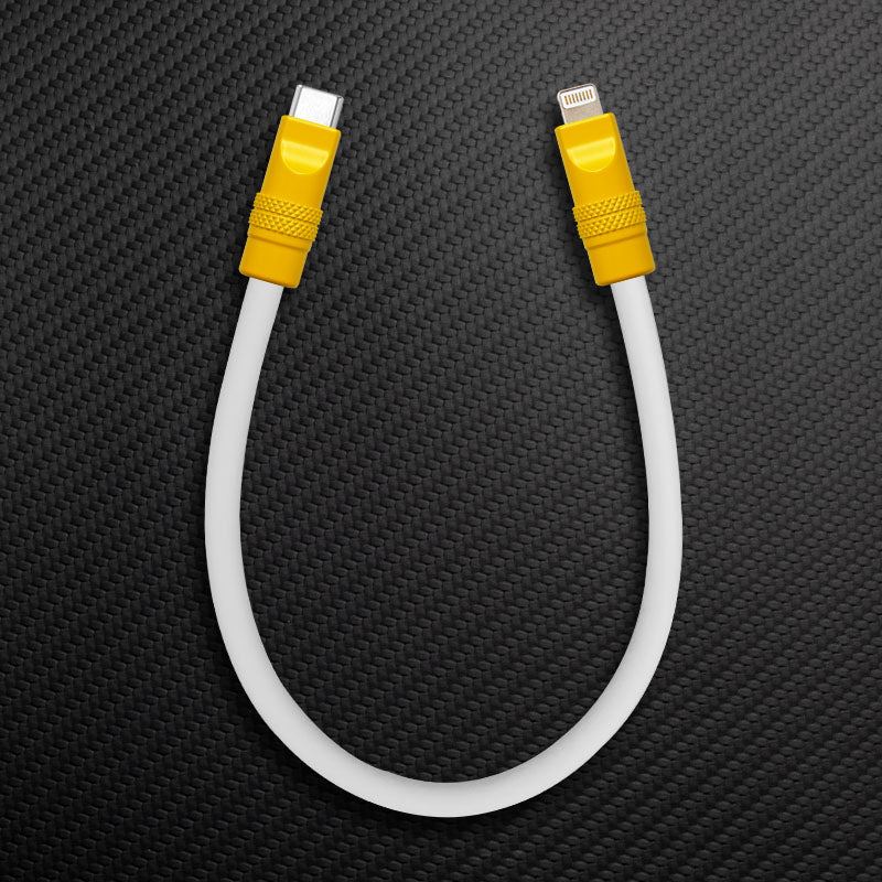 White USB-C to Lightning charging cable with yellow connectors.