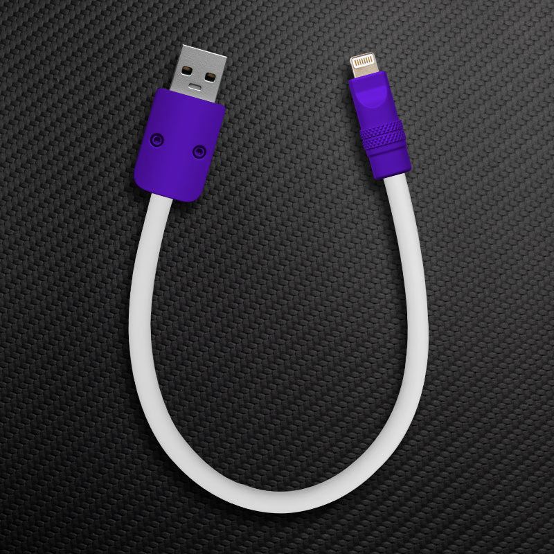 White USB-A to Lightning cable with purple connectors.