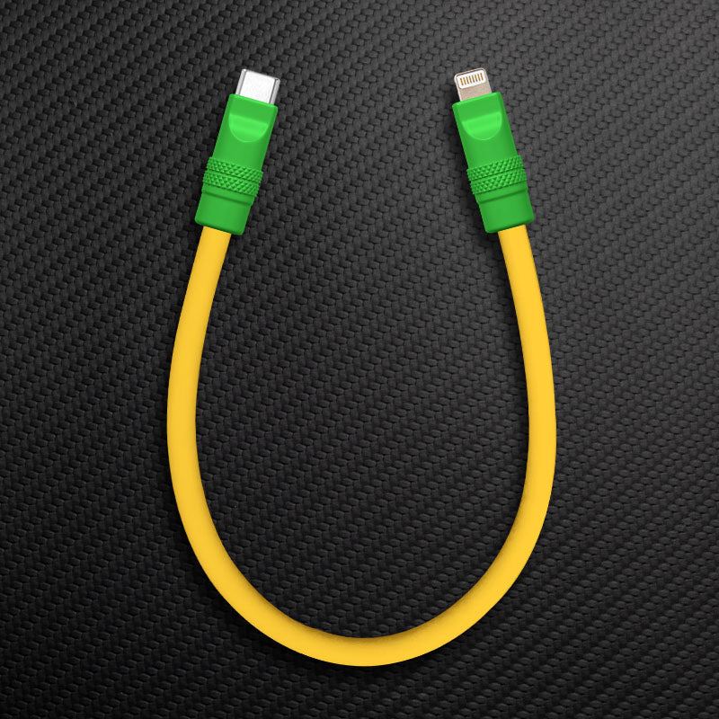 Yellow USB-C to Lightning data cable with green connectors.