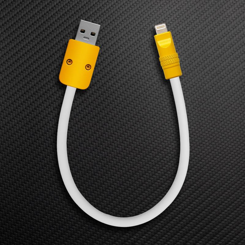 White USB-A to Lightning charging cable with yellow connectors.
