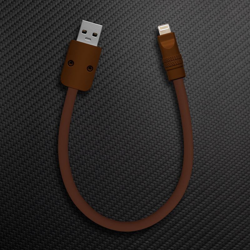 Brown USB-A to Lightning charging cable with dark brown connectors.