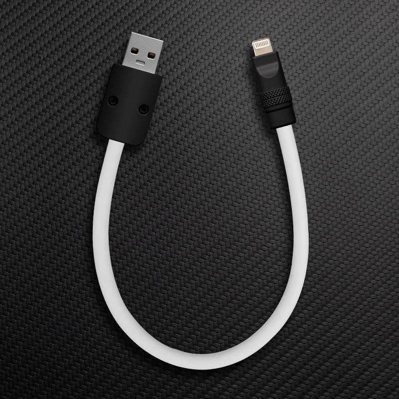 White silicone USB-A to Lightning cable with black connectors