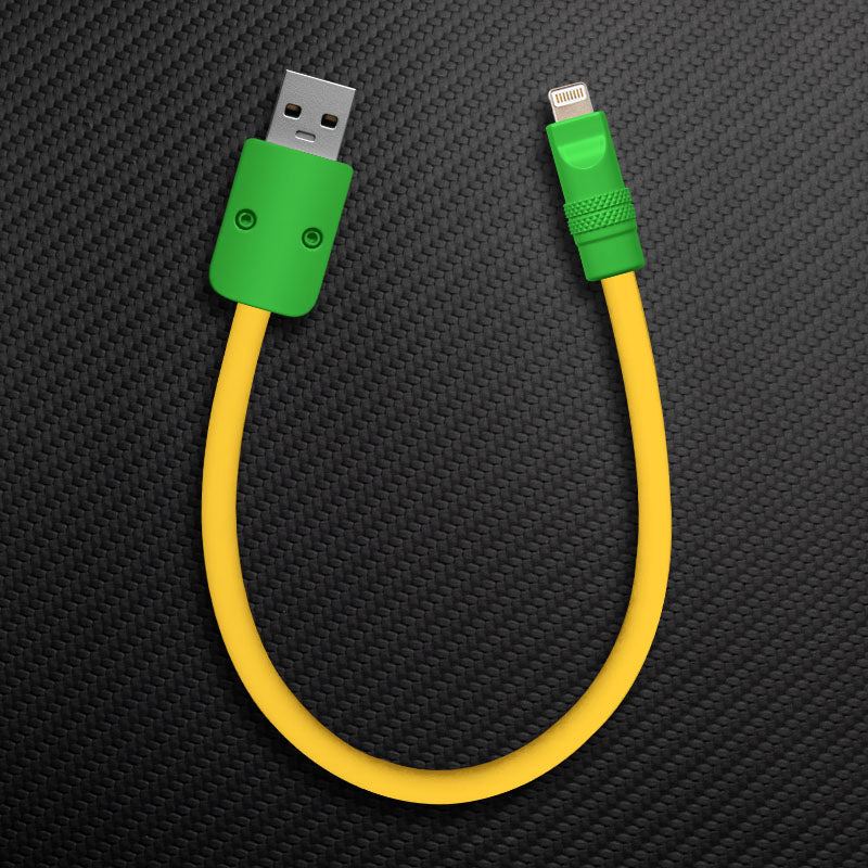 Yellow USB-A to Lightning charging cable with green connectors.