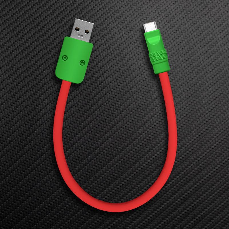 Red silicone short USB A to USB C cable with green connectors.