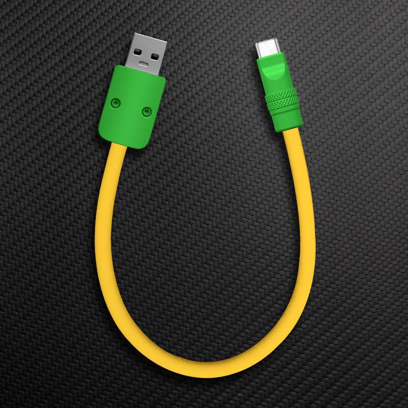 Yellow USB-A to USB-C cable with green connectors.