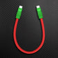 Red silicone short USB C to USB C charging cable with green ends.