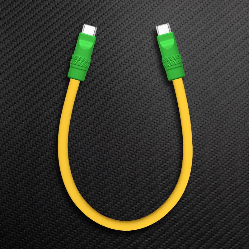 Yellow USB-C to USB-C charging cable with green connectors.