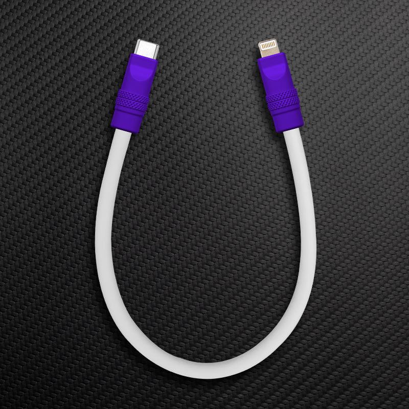 White USB-C to Lightning cable with purple connectors.