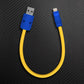 Yellow USB-A to Lightning cable with blue connectors.