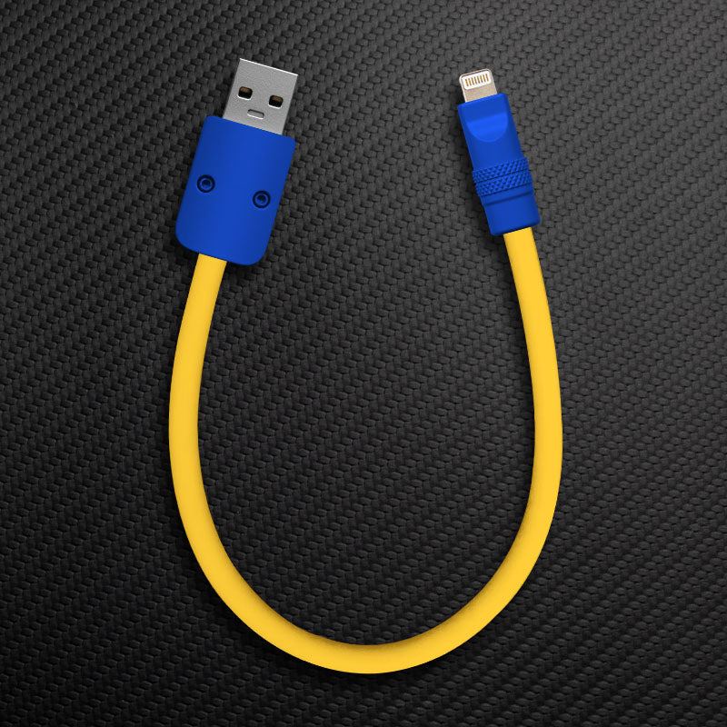 Yellow USB-A to Lightning cable with blue connectors.