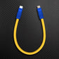 Yellow USB-C to Lightning cable with blue connectors.