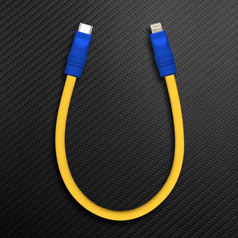 Yellow USB-C to Lightning cable with blue connectors.