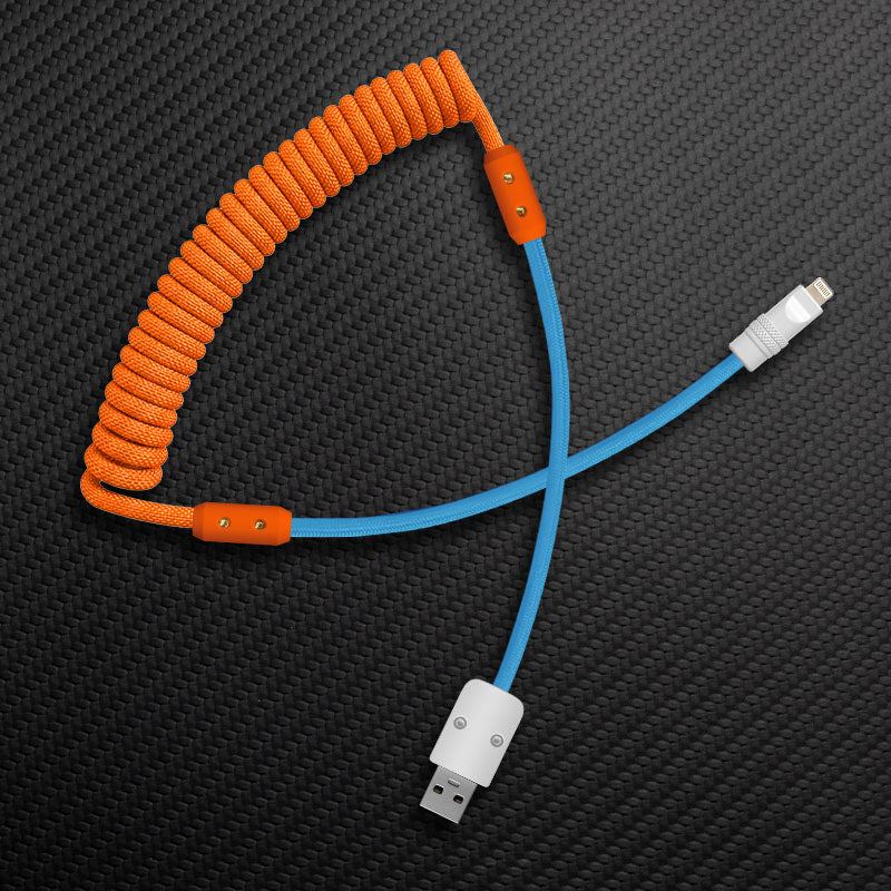 Orange and blue coiled mechanical keyboard cable USB to Lightning