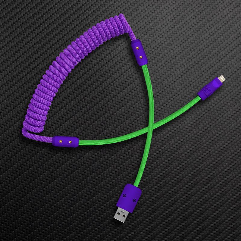 Purple and green coiled mechanical keyboard cable USB to Lightning