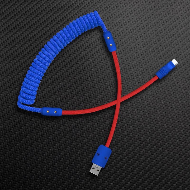 Blue coiled mechanical keyboard cable with red straight extension and USB-A to Type-C connectors.