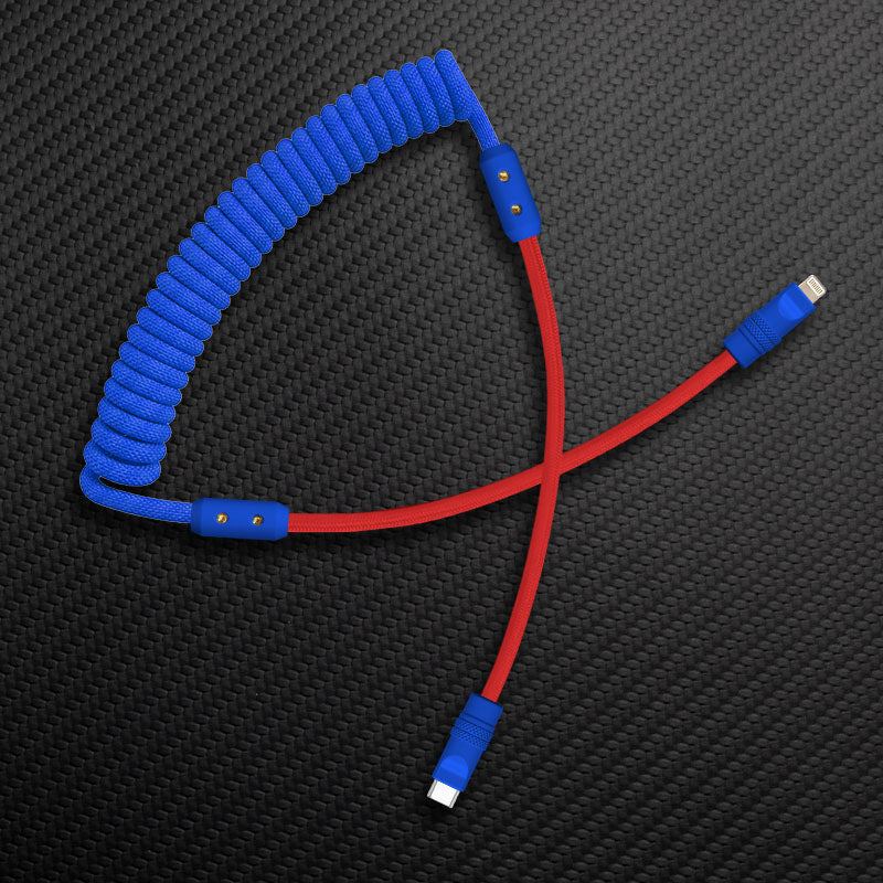 Blue coiled keyboard cable with red straight extension and Type-C to Type-C connectors.