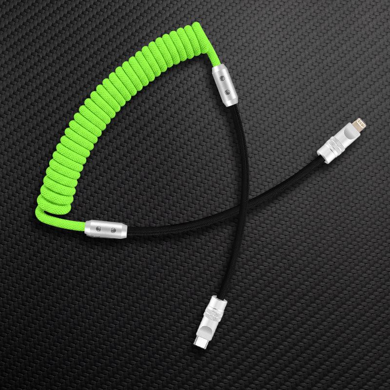 Green and black ChubbyCable coiled Lightning cable