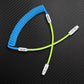 Blue coiled cable with neon green extension, USB-C connector