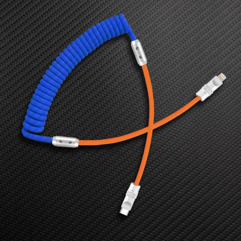 ChubbyCable coiled blue and orange USB-C to Lightning cable