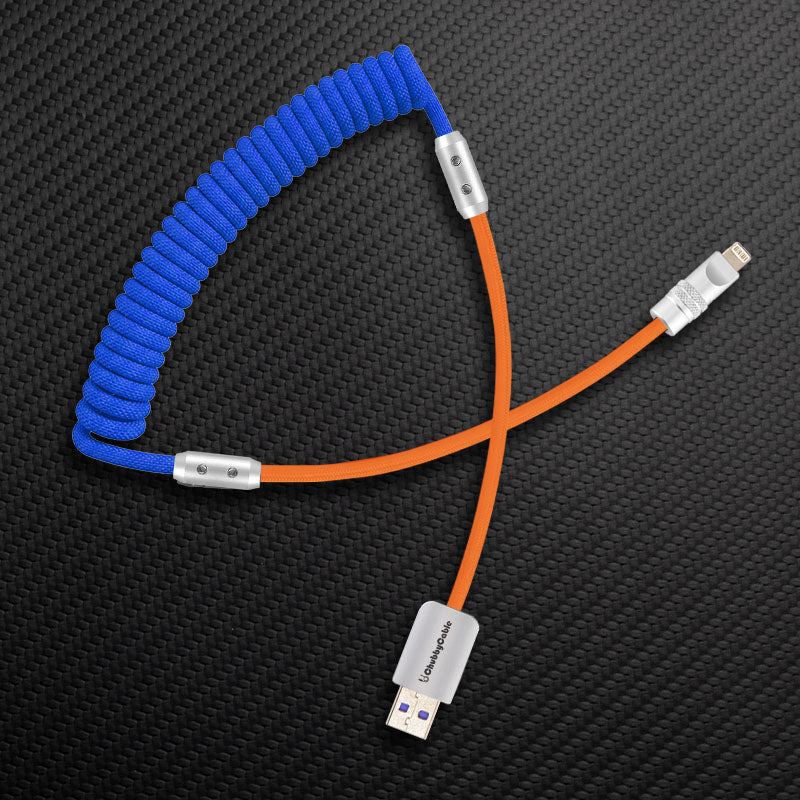 ChubbyCable coiled blue and orange USB-A to Lightning cable