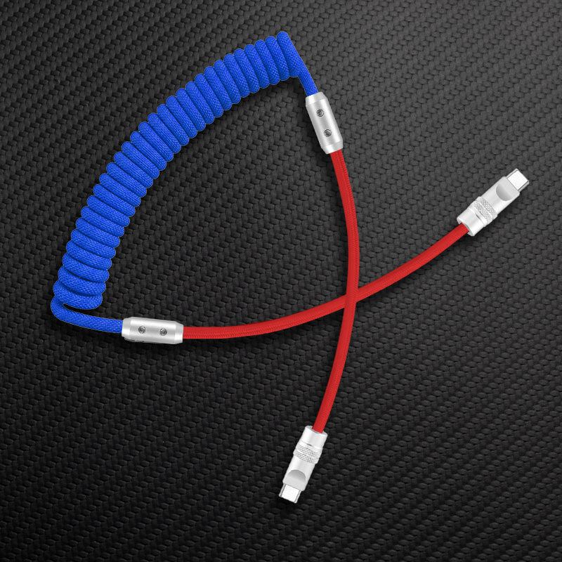 Blue and red coiled USB-C to USB-C charging cable