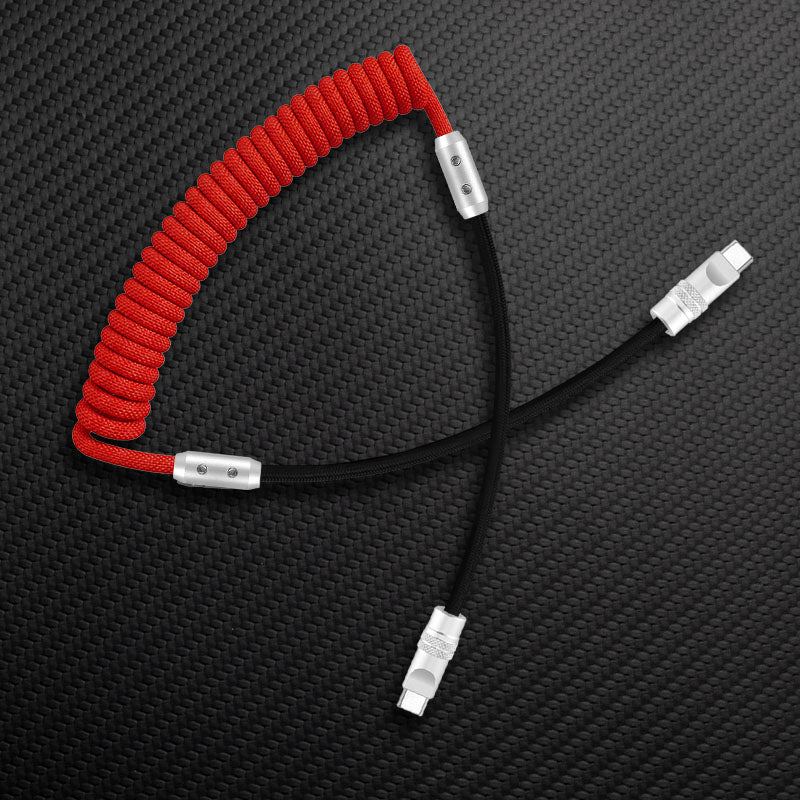 Red and black coiled USB-C to USB-C cable