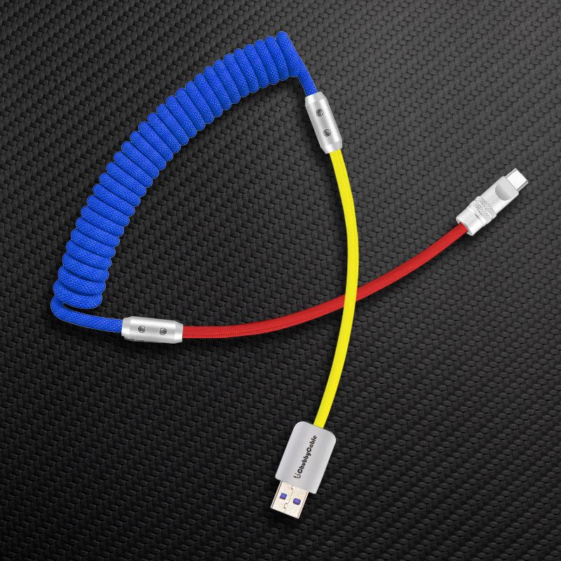 Blue coiled cable with red and yellow ends
