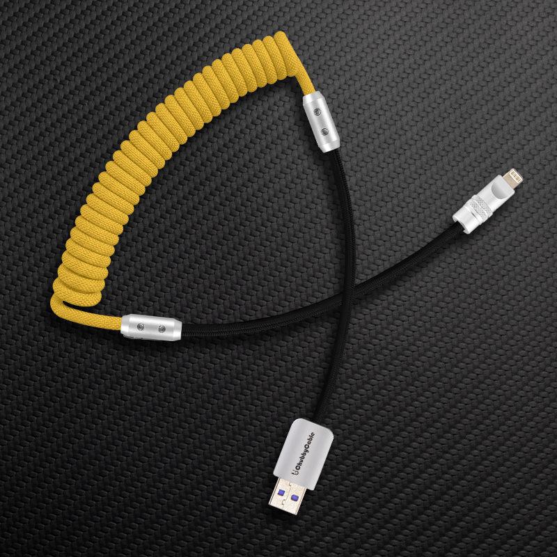 Yellow coiled USB-A to Lightning cable