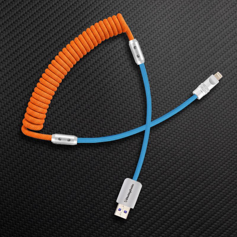 Orange coiled and blue straight USB-A to Lightning cable