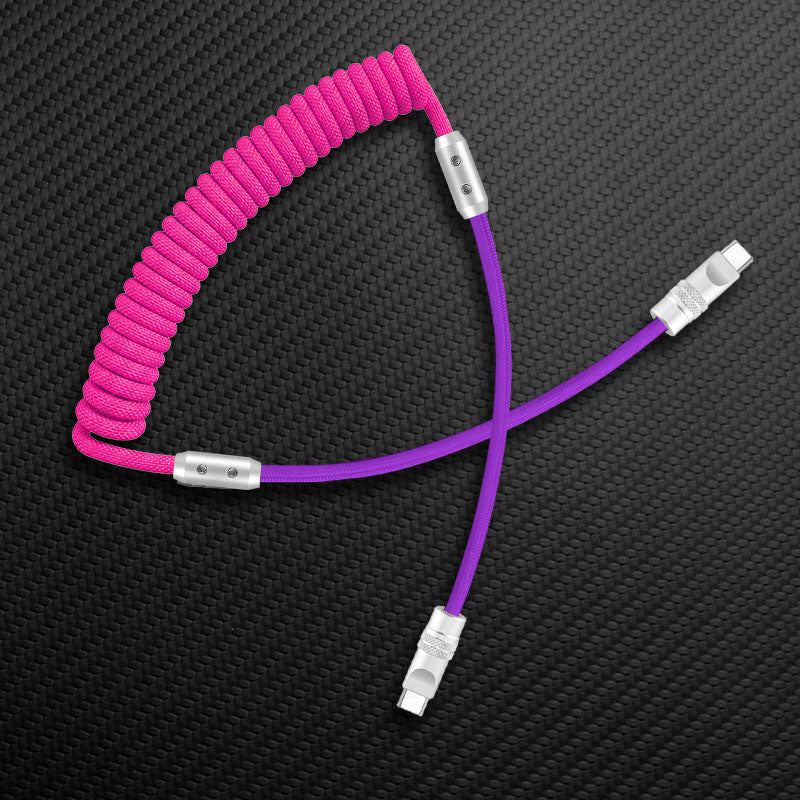 Pink coiled and purple straight USB-C to USB-C cable