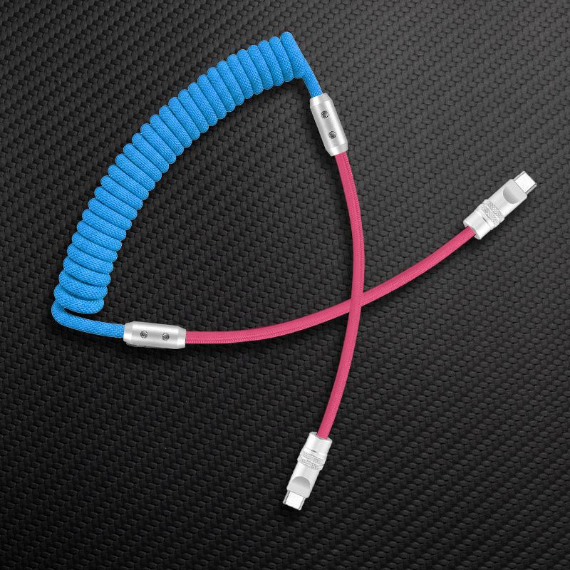 Blue coiled and pink straight USB-C to USB-C cable